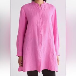 Eileen Fisher Tunic Organic Linen Button Up Long Shirt Top Band Collar Preppy SP